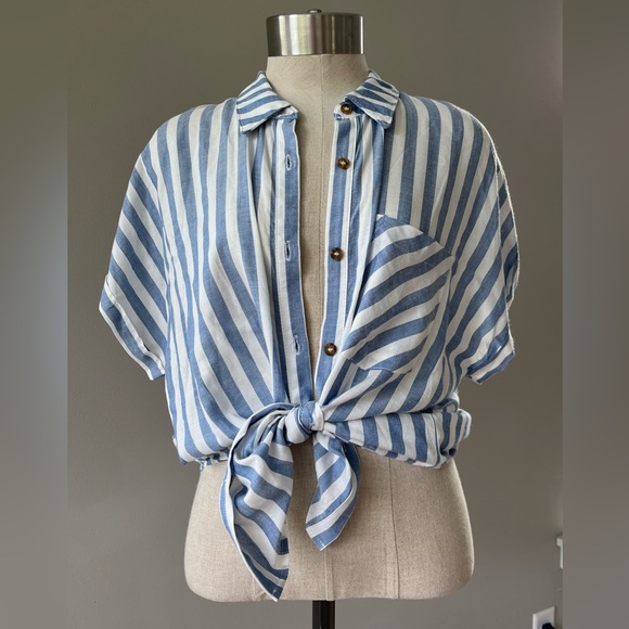 Moa Moa Tops - New soft rayon striped button front shirt blue and white